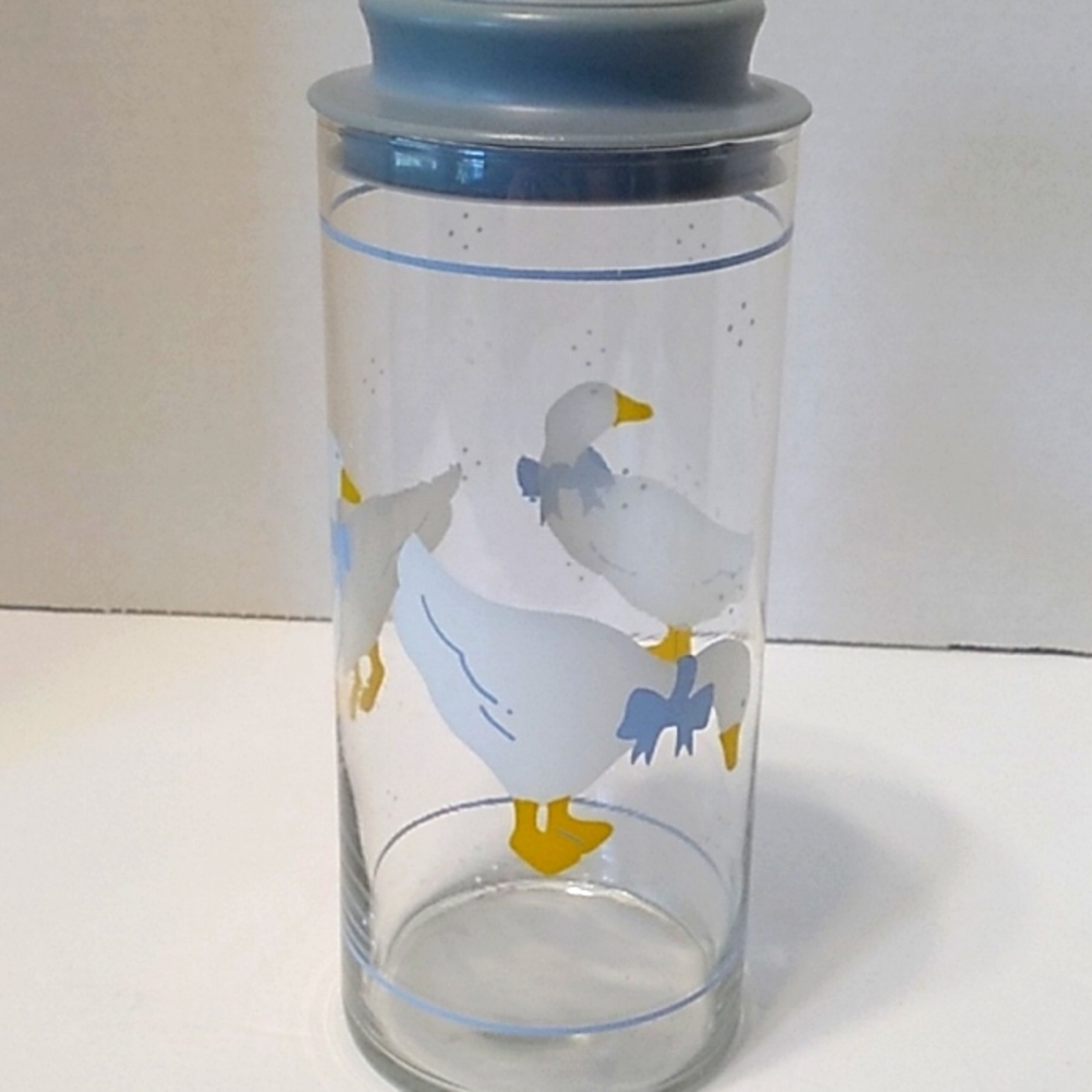 Vintage Glass Canister goose duck blue ribbon